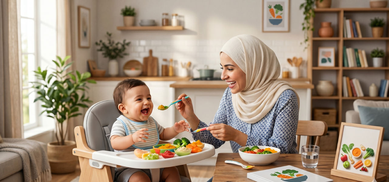 أم محجبة مبتسمة تطعم طفلها الرضيع وجبة صحية من الخضروات الملونة في مطبخ عصري دافئ ومضاء جيداً