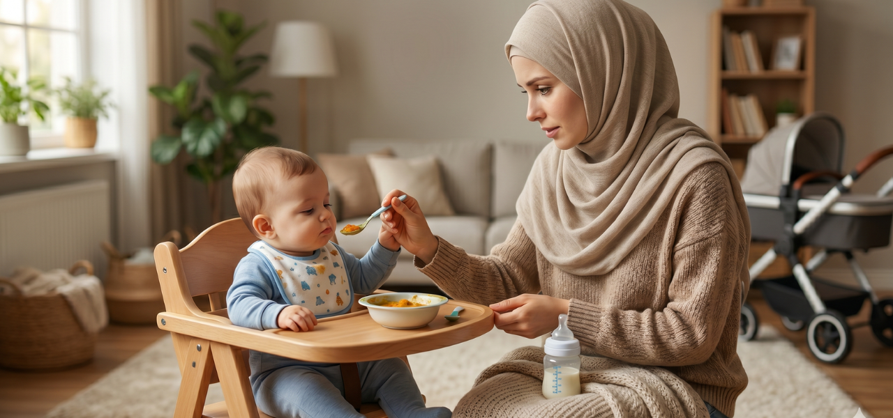 أم محجبة تحاول إطعام طفلها الرضيع الجالس على كرسي الطعام في منزل عصري، تعبيراً عن مشكلة فقدان الشهية عند الأطفال.