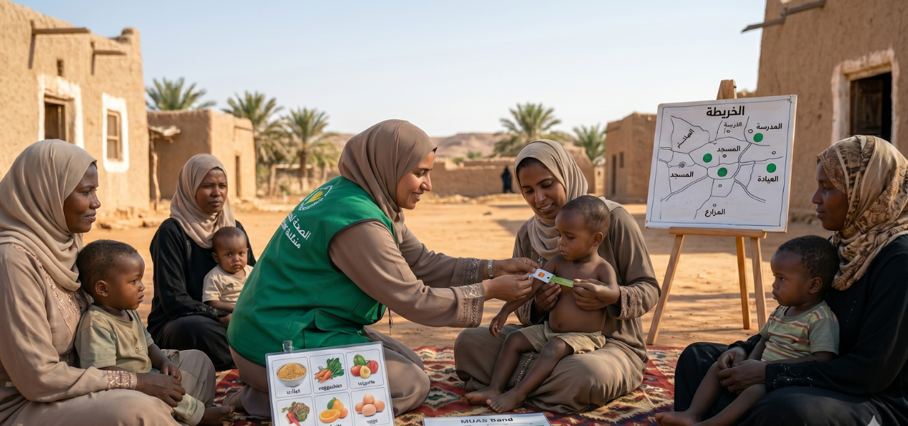 طبيبة أو عاملة صحية عربية ترتدي سترة خضراء وتقيس ذراع طفل للكشف عن سوء التغذية وسط تجمع لنساء وأطفال في قرية ريفية