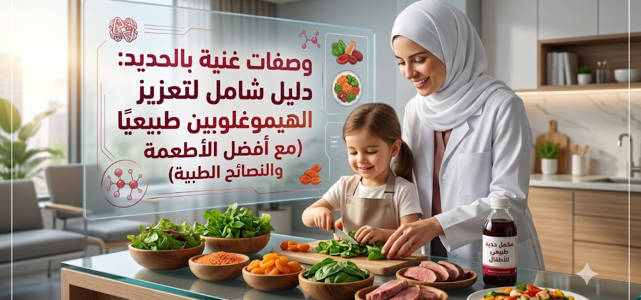 طبيبة تساعد طفلة في تحضير أطعمة غنية بالحديد مثل السبانخ والعدس واللحوم الحمراء لرفع الهيموغلوبين، مع شاشة رقمية تعرض نصائح طبية باللغة العربية.