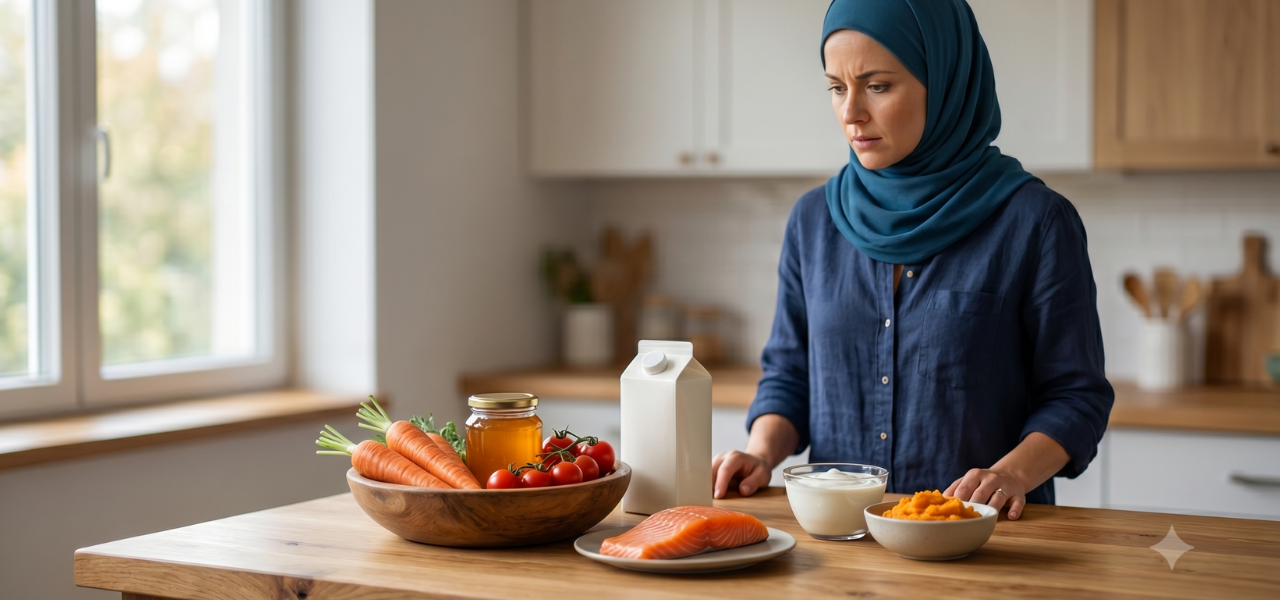 أم محجبة تقف في المطبخ وتنظر بحيرة إلى مجموعة من الأطعمة مثل العسل، الأسماك، الحليب، والخضروات لتحديد المفيد والضار لطفله