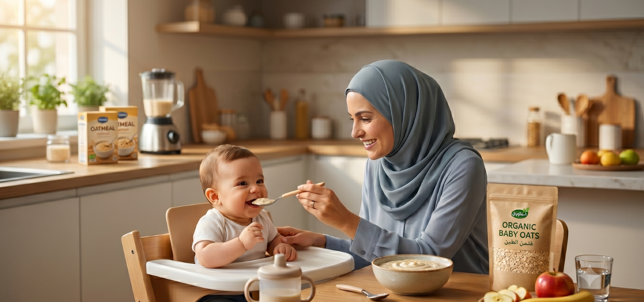 أم محجبة تطعم طفلها الرضيع وجبة الشوفان بالملعقة في المطبخ لفوائده وتجنب الإمساك.
