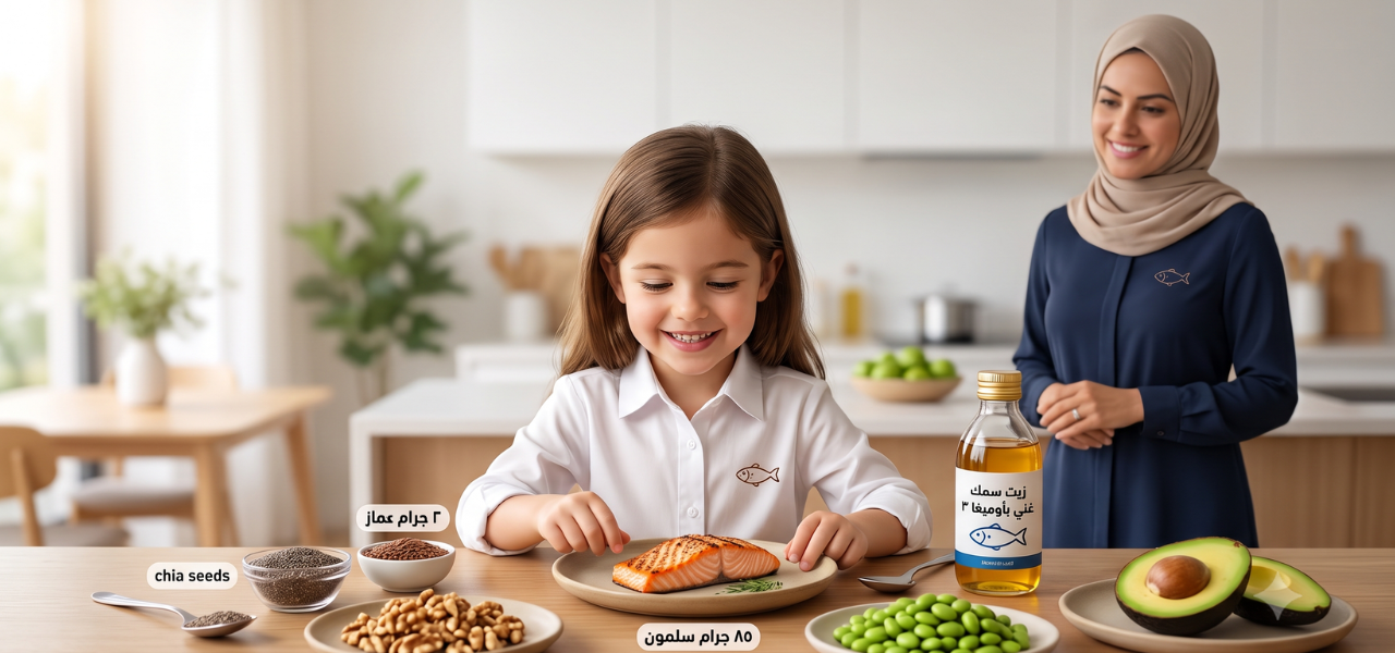 نص بديل: طفلة صغيرة تجلس أمام مائدة تحتوي على وجبة سالمون، مكسرات، حبوب الشيا، وإيدامامي، وبجوارها زجاجة زيت سمك غني بأوميغا 3، وتقف خلفها والدتها بملابس محتشمة وحجاب في خلفية مطبخ دافئ.