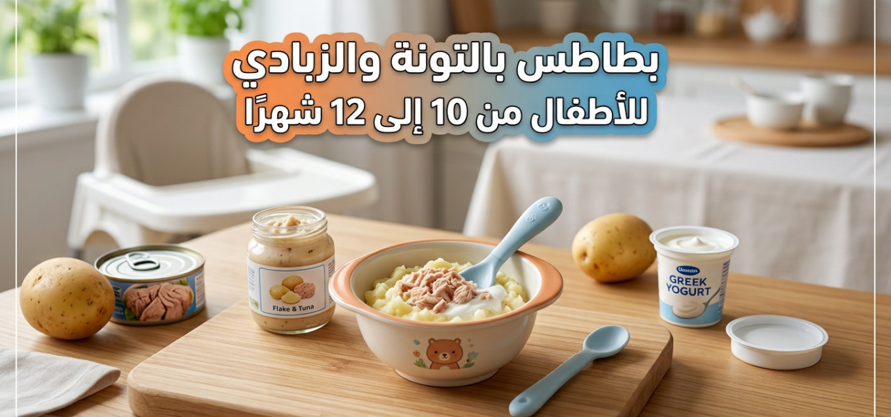 وعاء طعام أطفال يحتوي على بطاطس مهروسة بالتونة والزبادي مع ملاعق صغيرة ومكونات الوجبة على طاولة خشبية في المطبخ