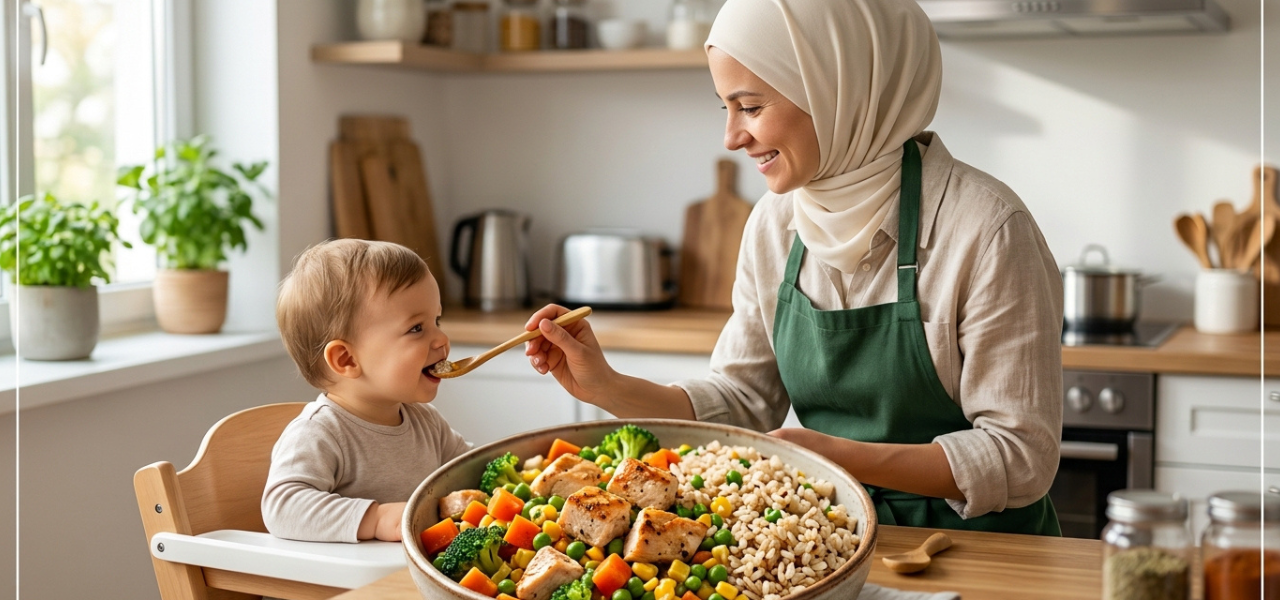 أم محجبة تطعم طفلها الرضيع وجبة صحية مكونة من قطع الدجاج والأرز والخضار المشكلة في المطبخ.