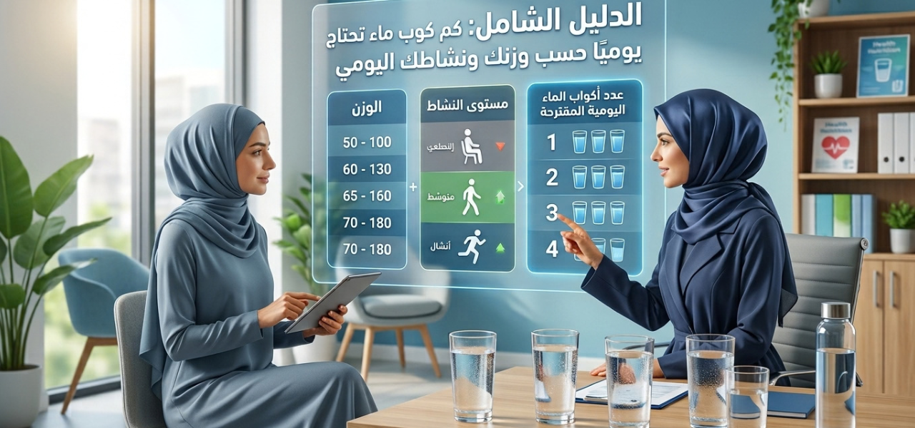 أخصائية تغذية محجبة توضح لعميلة محجبة بملابس محتلمة جدولاً تفاعلياً لحساب عدد أكواب الماء اليومية وفقاً للوزن ومستوى النشاط.
